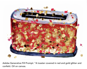 Adobe Generative Fill Prompt: A toaster covered in red and gold confetti and glitter. Oil on canvas.